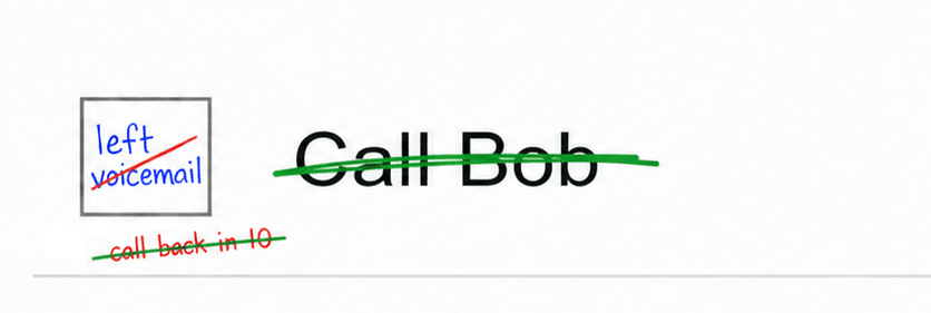 A hand-drawn to-do entry reading Call Bob, struck through in green, with left voicemail scribbled in its checkbox and call back in 10 crossed out beneath.