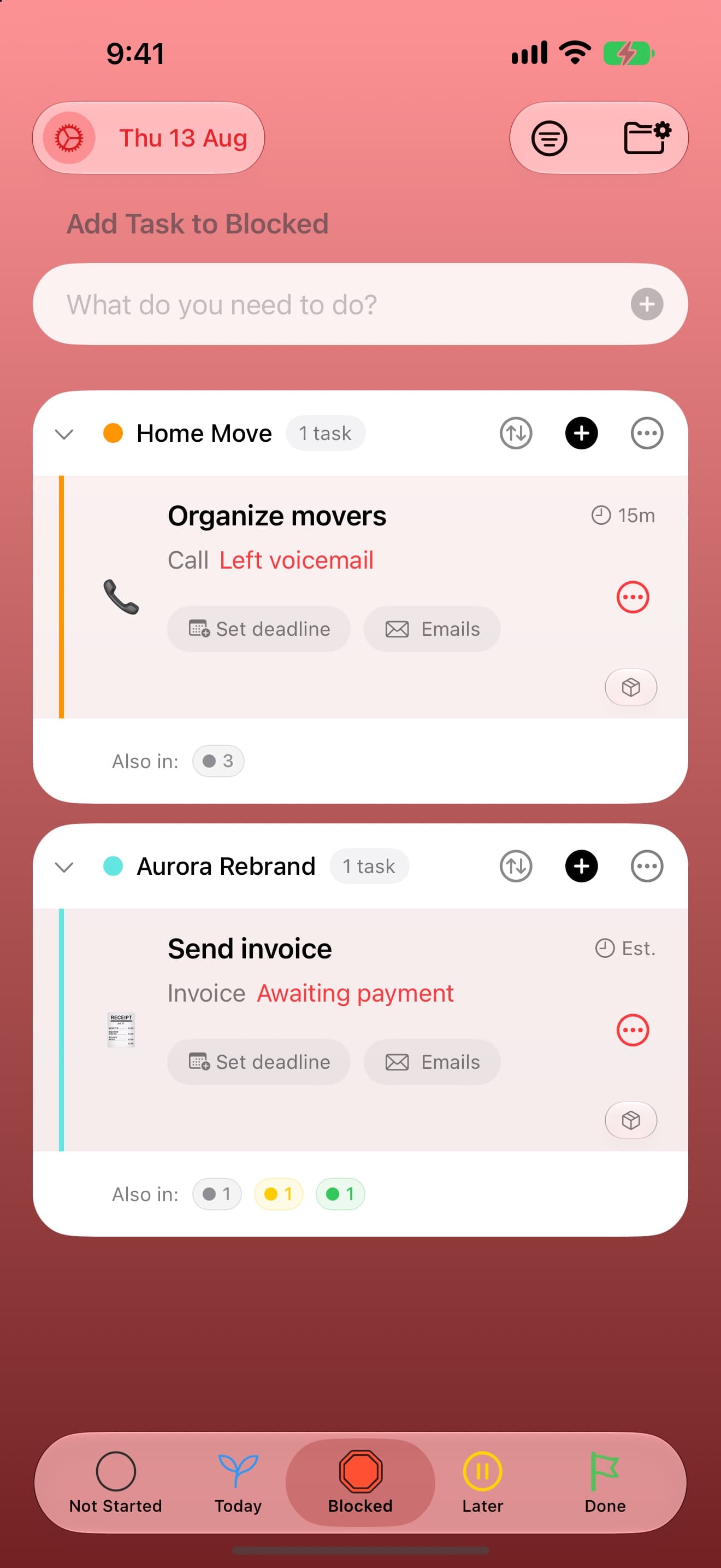 Nyblit's Blocked list on iPhone, tinted red, showing tasks held at Left voicemail and Awaiting payment.