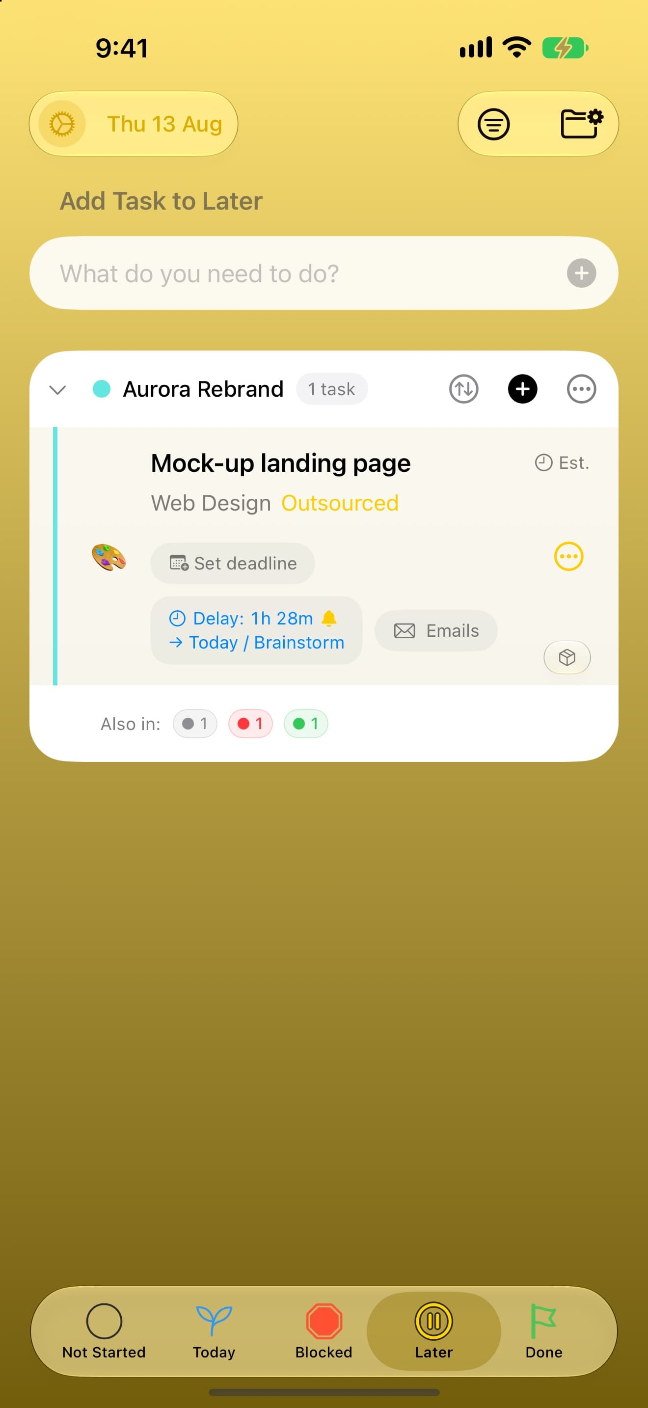 Nyblit's Later list on iPhone, tinted yellow, showing a task delayed with a scheduled return.