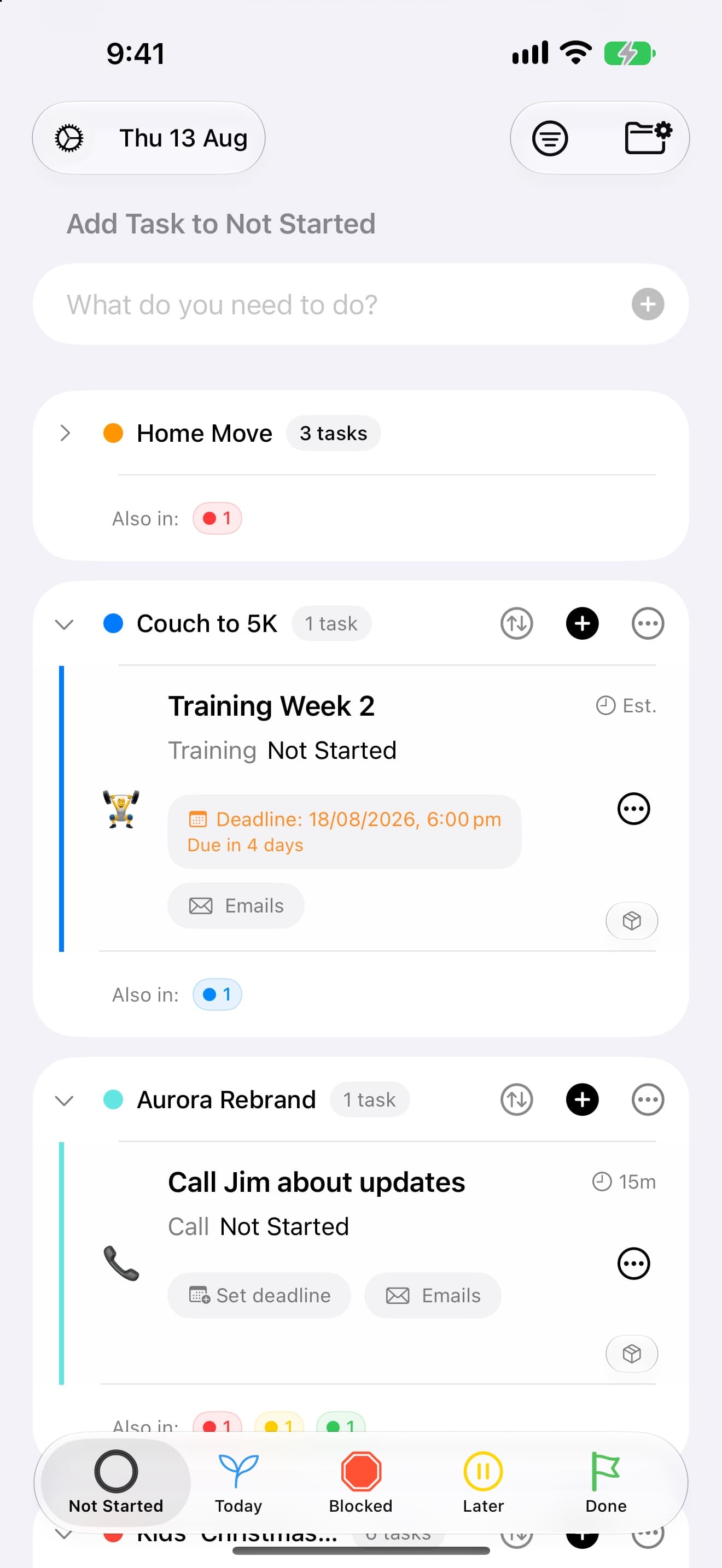 Nyblit's Not Started list on iPhone, grouped by project.