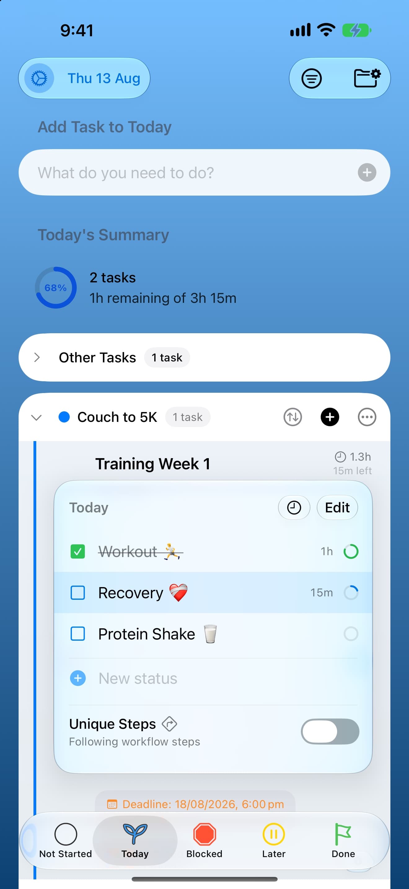 Nyblit's Today list on iPhone, tinted blue, showing Today's Summary and a task broken into steps.