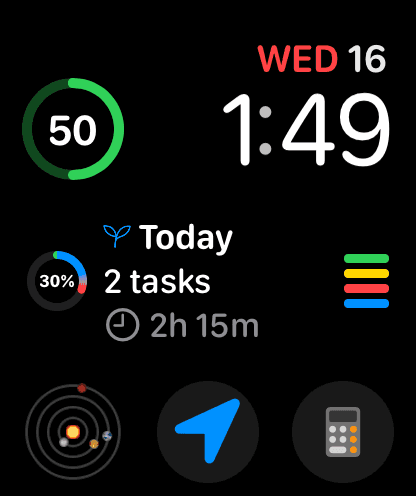 An Apple Watch face with Nyblit showing two tasks and 2h 15m left today.