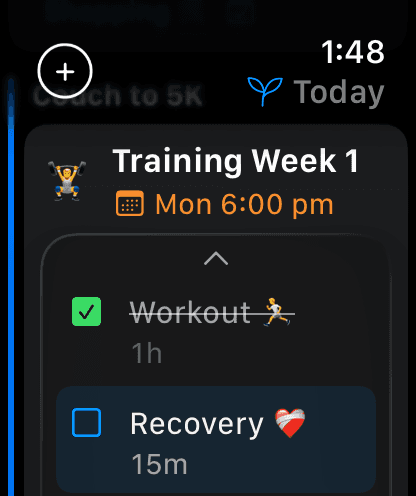 Nyblit on Apple Watch showing Training Week 1, the same task the iPad has open, with its subtasks.