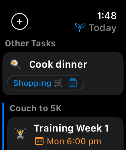 Nyblit on Apple Watch showing the Today list, grouped by project.